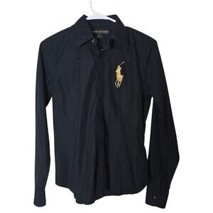 Ralph Lauren Black Label Black Cotton Logo Embroidered Button Front Shirt size 6